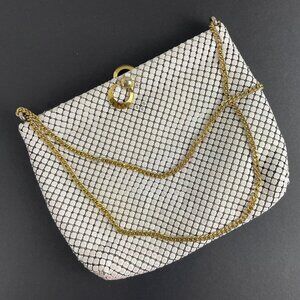 Antique Whiting and Davis Mesh Bag White Purse with Gold Tone Tabs